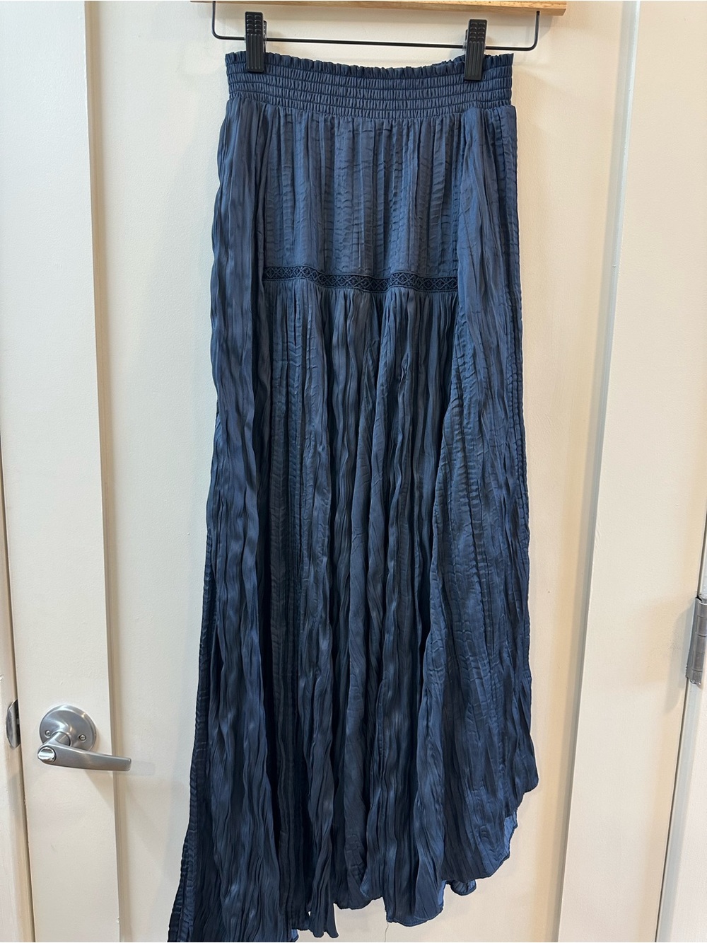 Maje Navy Blue Crinkle Maxi Skirt with Smocked Waist